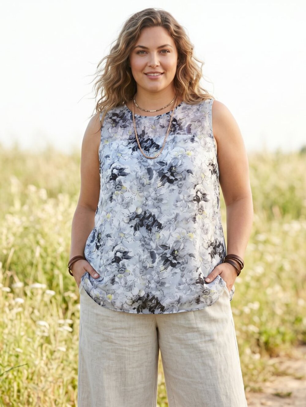 Violet Claire Gray Floral Top‎ 1X Sleeveless Romantic Boho Office Siren Fairy
